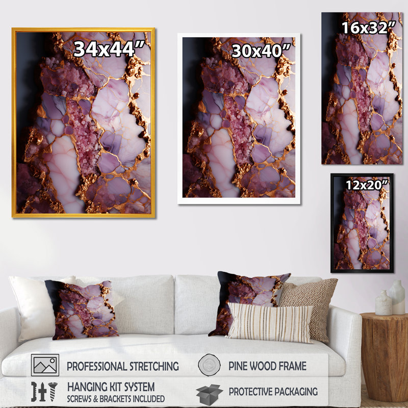 "Agate II en marbre rose et doré", Cadre flottant doré, H 60 po x l 28 po x P 1,5 po