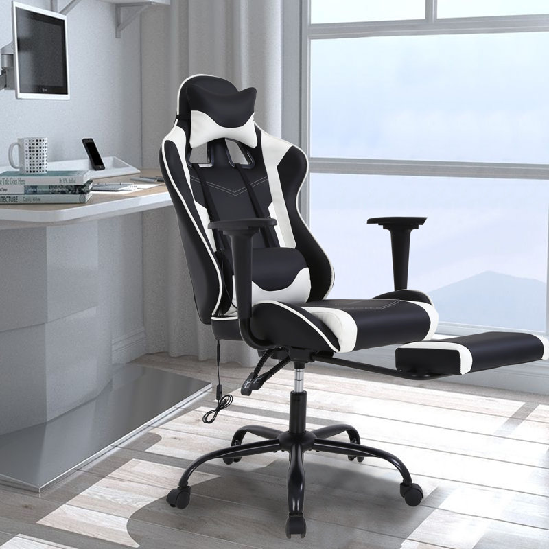 Ergonomic Massage Lumbar Support Gaming Chair Swivel Rolling Racing Chair Height Adjustable Computer Office Chair with Adjustable Footrest Headrest