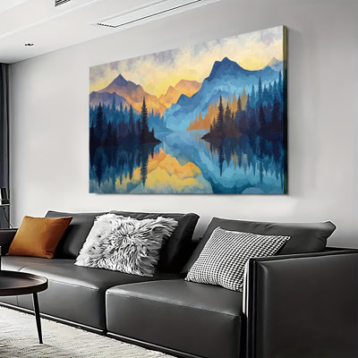 Grande galerie d'art sur toile tendue, Blue Mountain Golden Sunset, aquarelle, paysage naturel pour le salon et la chambre à coucher