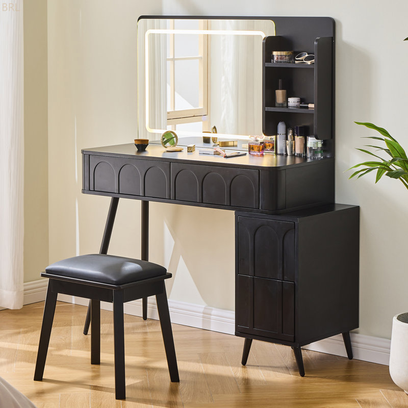 Modern Makeup Vanity Desk With LED Lights & Mirror, 4 Drawer Dressing Table Set With Stool, 3 Colors Dimmable Brightness, Space-Saving For Bedroom,