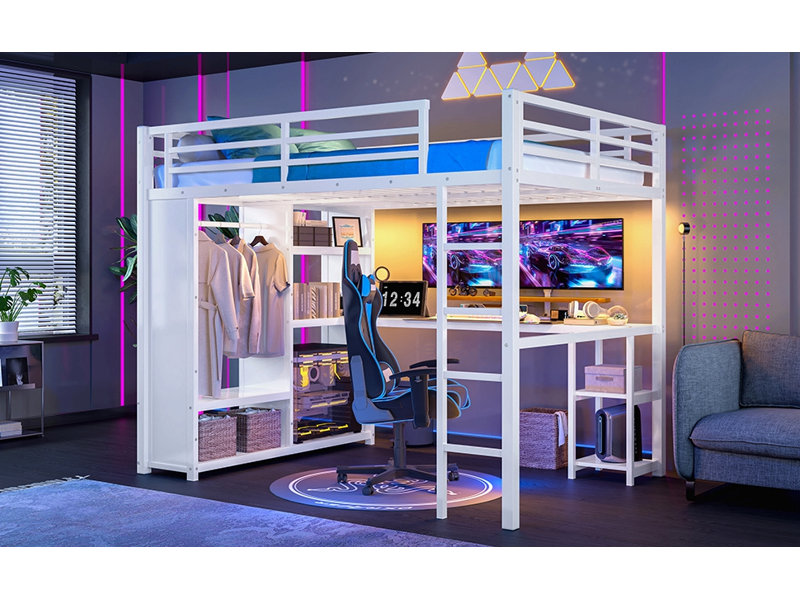 Structure de lit mezzanine grand format avec garde-robe intégrée, lit mezzanine en métal avec bureau et tablettes de rangement