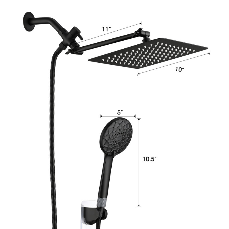 11 Inch Arm Shower Head With 6 Settings - Corrosion Proof Matte Black Metal Hose Finish