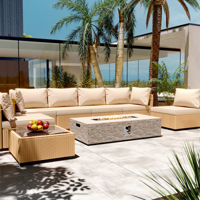 Ensemble de conversation de patio en rotin 8 pièces avec coussins et table de foyer extérieur de 56 pouces