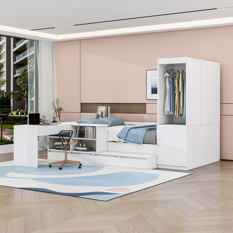 Lit plateforme 6 tiroirs en bois avec tablettes, bureau intégré, armoire et station de charge, Blanc
