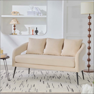 Modern Upholstered Velvet Open Back Loveseat Settee With 3 Pillows, Small Comfy Sofa 2-Seater Mini Sofa For Small Space With Metal Legs, Living Room Bedroom Office Dorm Studio Apartment