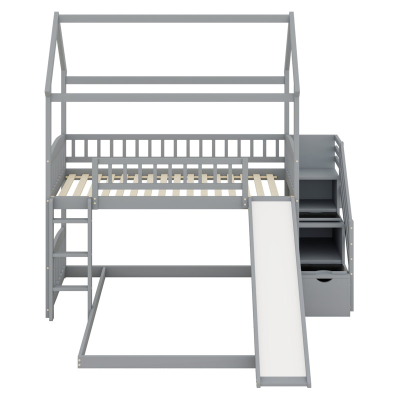 Lit superposé de style maison avec glissade, Gris