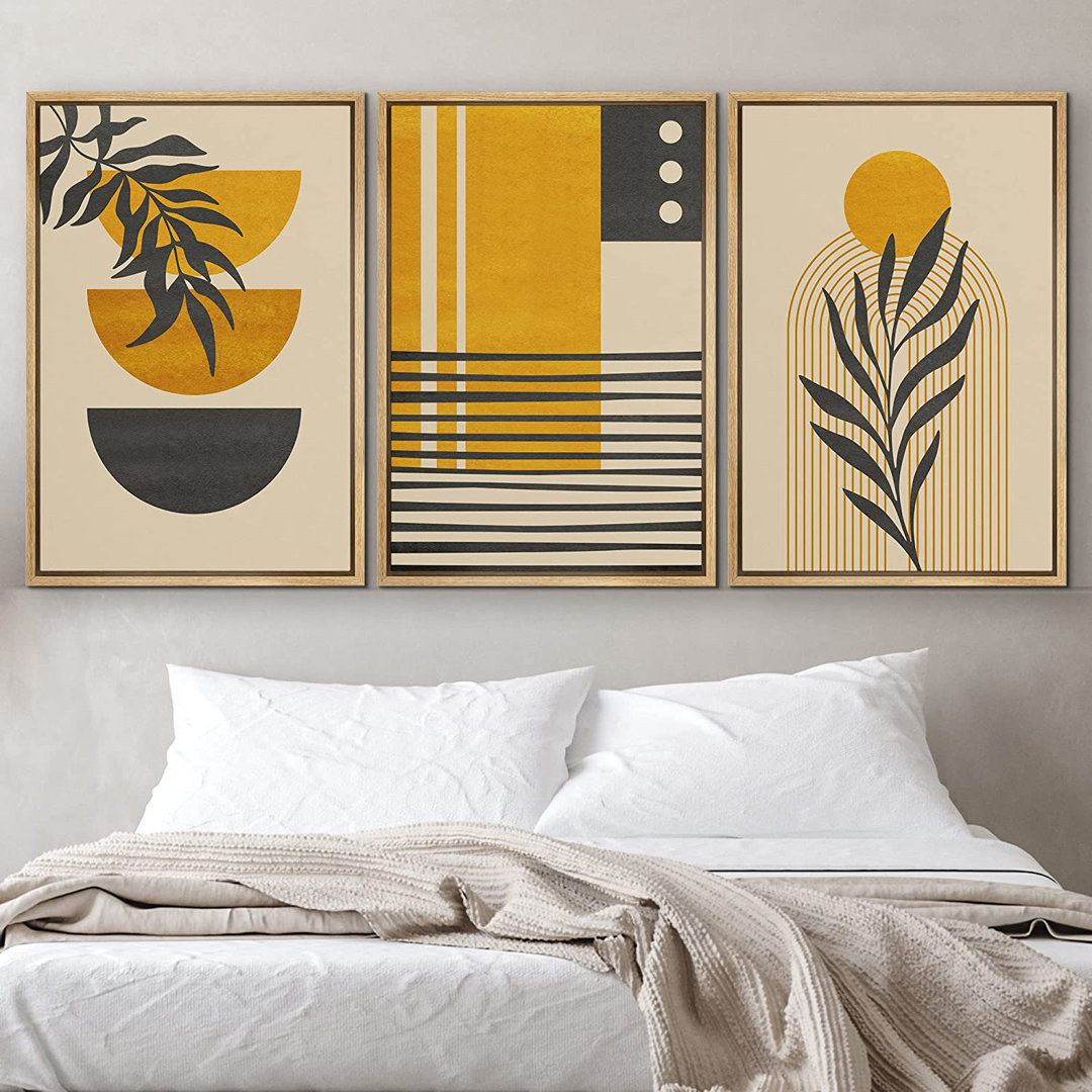 Mid Century Modern Boho " IDEA4WALL Framed Canvas Print Wall Art Set Geometric Mid-Century Jungle Safari Leaf Polygons Abstract Shapes Illustrations Modern Art Nordic For Living Room, Bedroom, Office " 3 - Pieces IDEA4WALL Frame 