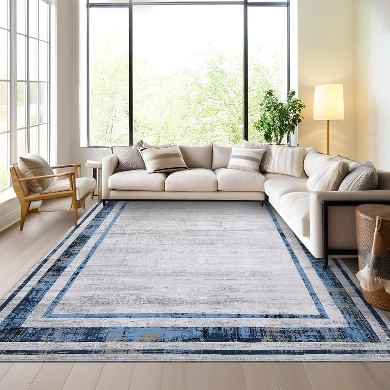 Washable Modern Distressed Edge Thin Indoor Rug, Low Pile Area Rug with Stain Resistant Surface, Non Slip Backing & Easy Clean for Living Room, Bedroom, Home Office, Entryway