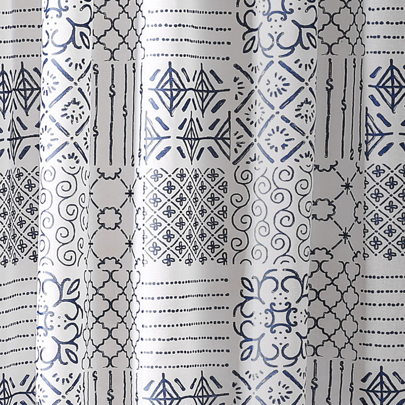 Blue and White Geometric Patchwork Fabric Shower Curtain with Liner