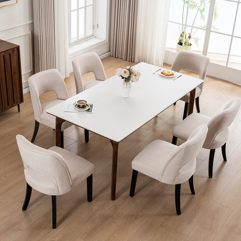 Chaise de salle à manger en lin avec pieds en bois massif, 6, Beige