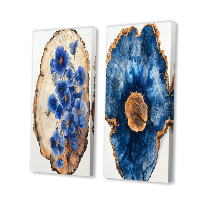 «Blue Wildflowers Leaves», glissade sur bois I - art mural floral 2 panneaux, H 28 po x l 25 po, Toile tendue