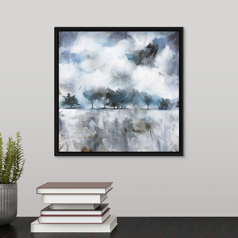 « obscurcied blues », peinture sur toile, H 13,7 po x l 13,7 po x p 1,75 po, Cadre flottant noir