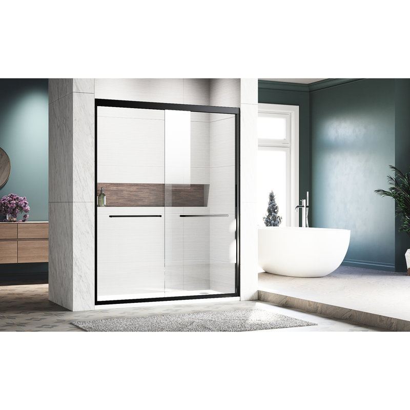 50 - 54 In. Width X 72 Height Sliding Shower Glass Door, Semi Adjustable, Thick Tempered Glass, 304 Stainless Steel Handles, Black Matt Adjustable Semi-, Clear
