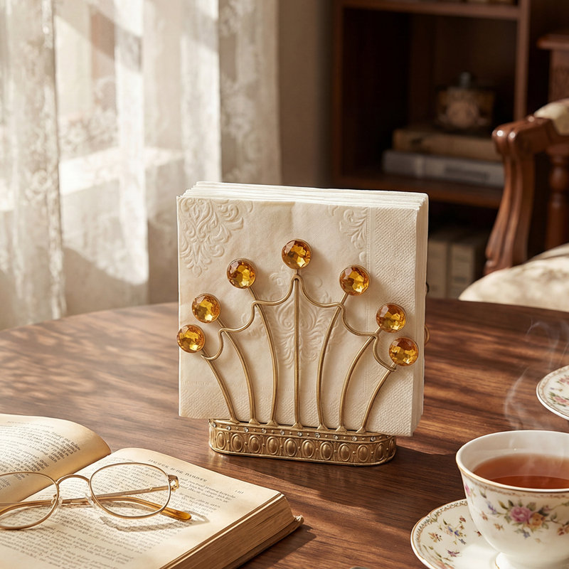 Porte-serviette doré avec motif couronne royale, porte-serviette autoportant doré antique avec détails en cristal et base surélevée pour table de salle à manger, comptoir de cuisine ou meuble-lavabo