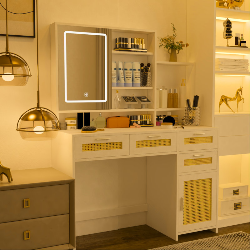 Vanity Dresser With 3 Lights & Mirror, 4 Drawers, 1 Cabinet, For Bedroom Style Featuring 3 Color Adjustable Openable , Elegant Touch