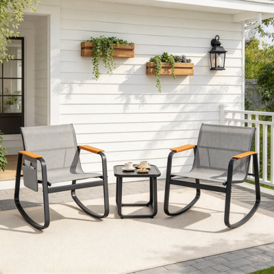 3-Piece Outdoor Rocking Bistro Set, Patio Conversation Set with 2 Rocking Chairs & Side Table, All Weather Frame with Storage Pocktes & Wide Armrests for Backyard Porch, Gray