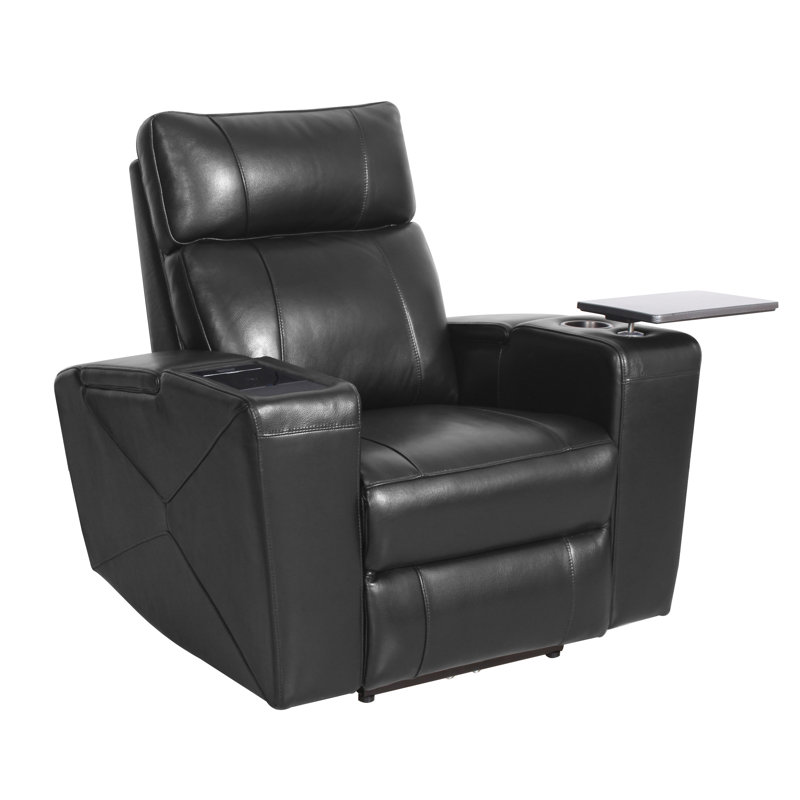 Upholstered Home Theater Seat with Cup Holder, Black Leather