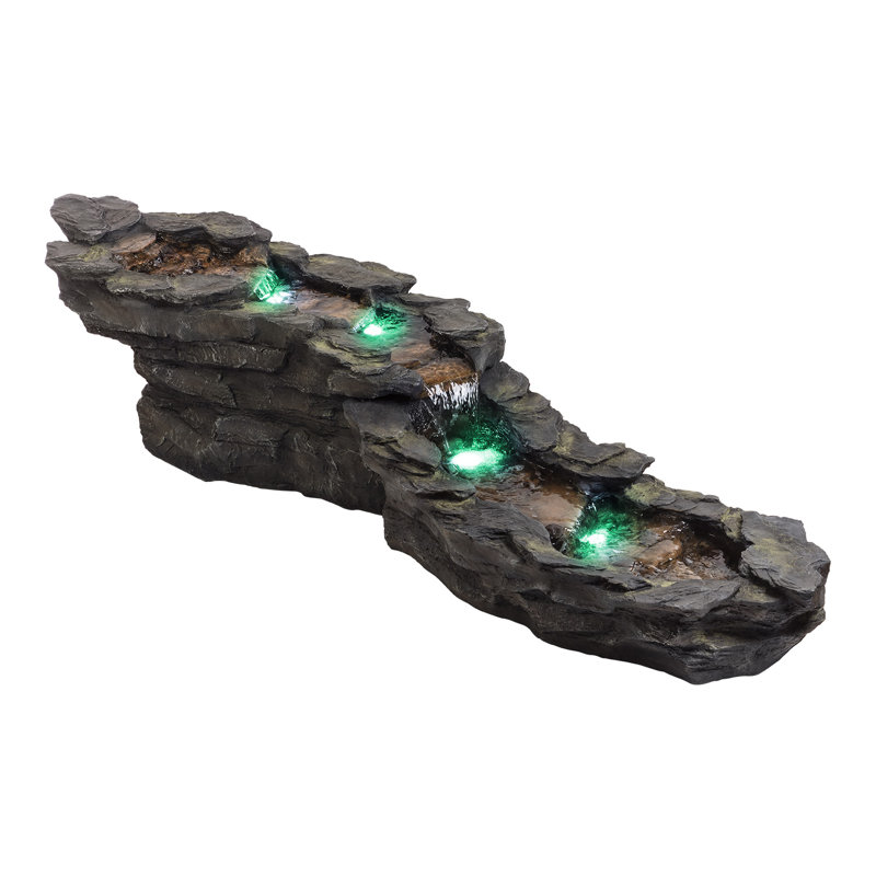 Hamby Resin Tiered Rocky River Stream Fountain with Color Changing LED Light, 19" H x 76" W x 22" D