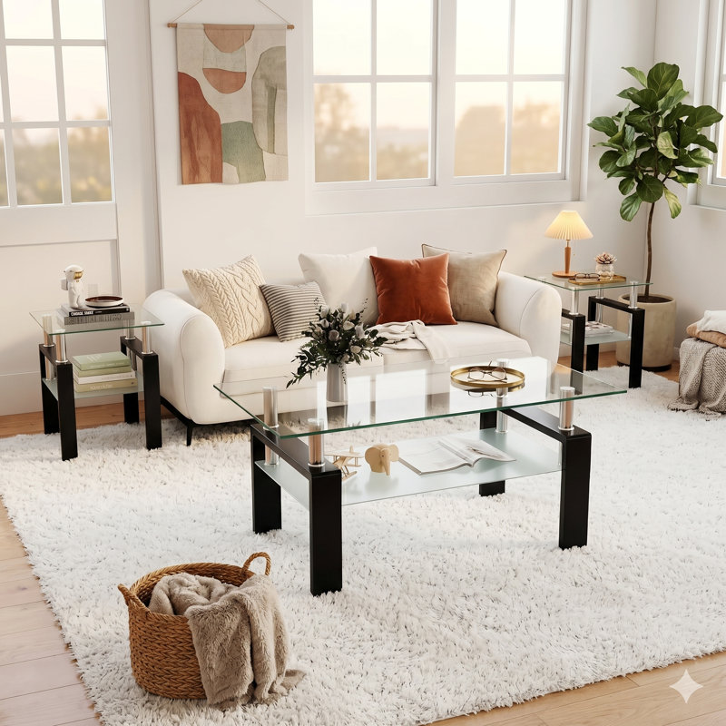 Ensemble de table de salon 3 pièces avec plateau en verre, pieds en métal et 2 tablettes de rangement Esbeidy, comprenant 1 table basse et 2 tables de bout