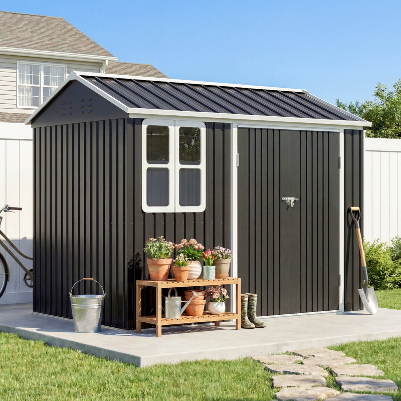 8.5 * 7.5 FT Metal Shed Garden Storage, Garden Shed, Waterproof Galvanized Steel with Window, Outdoor Apex Roof Shed with Lockable Double Doors&Gloves for Patio, Garden, Backyard, Bike, Garbage Bin