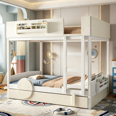Kids Bunk Bed, Wooden Triple Bunk Bed With Trundle, Built-In Storage Shelves And Ladder & Guardrail, 3-In-1 Convertible Wooden Bed Frame, Multi-Functional Bed, Triple Bed Frame For Kids Teens