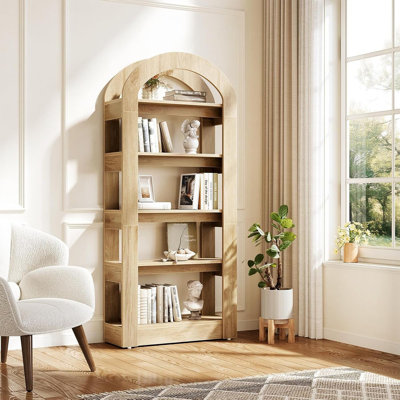70.86" Tall 5-Tier Teak Arched Bookshelf, Modern Wood Bookcase Display Shelffor Apartment, Office, Bedroom & Living Room