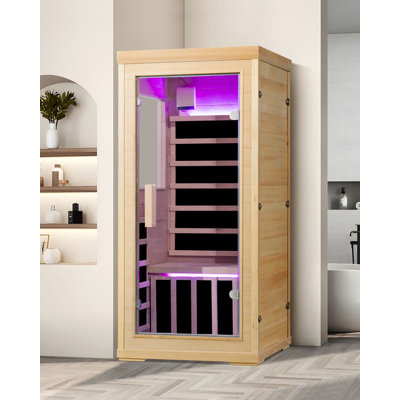 1 Person Far Infrared Sauna For Home Spa, Low Emf Wooden Dry Sauna Room with Lcd Control Panel, Tempered Glass Door, 7 Colors Lighting, 66.93"X31.44"X31.44"