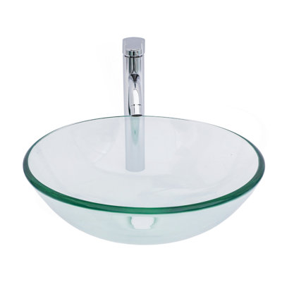 Bathroom Artistic Tempered Glass Vessel Bathroom Sink with Chrome Faucet and Pop-up Drain, Clear
