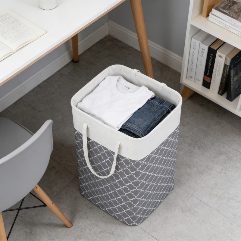 Two-Piece Set, Large Capacity 75L Foldable Laundry Hamper With Handles, Modern Grey Lantern Design Fabric Clothes Storage Bin, Breathable And Moisture-Resistant