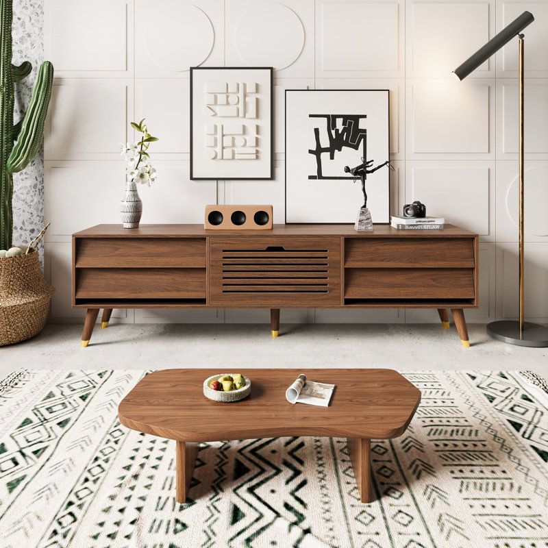 Ensemble de salon moderne du milieu du siècle en 2 pièces, meuble télé en bois de noyer avec 4 tiroirs et table basse assortie, pieds fuselés à embouts dorés