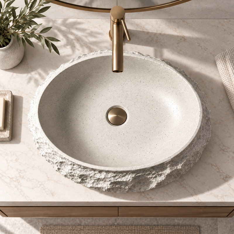 Vasque à poser de 48 cm en résine blanche avec veinage en marbre doré et extérieur sculpté imitant la pierre., Marbre blanc