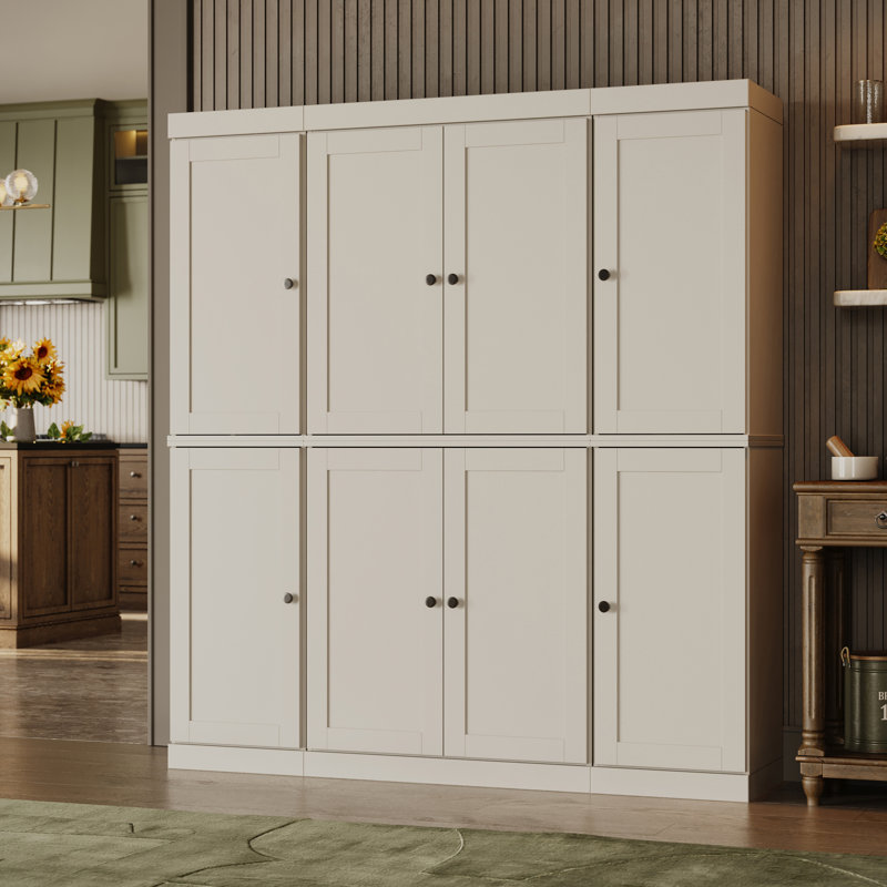 Garde-manger 100% bois massif, portes Shaker, 2 tiroirs, tablettes réglables, largeur 65 po, hauteur 71,5 po, Blanc cassé