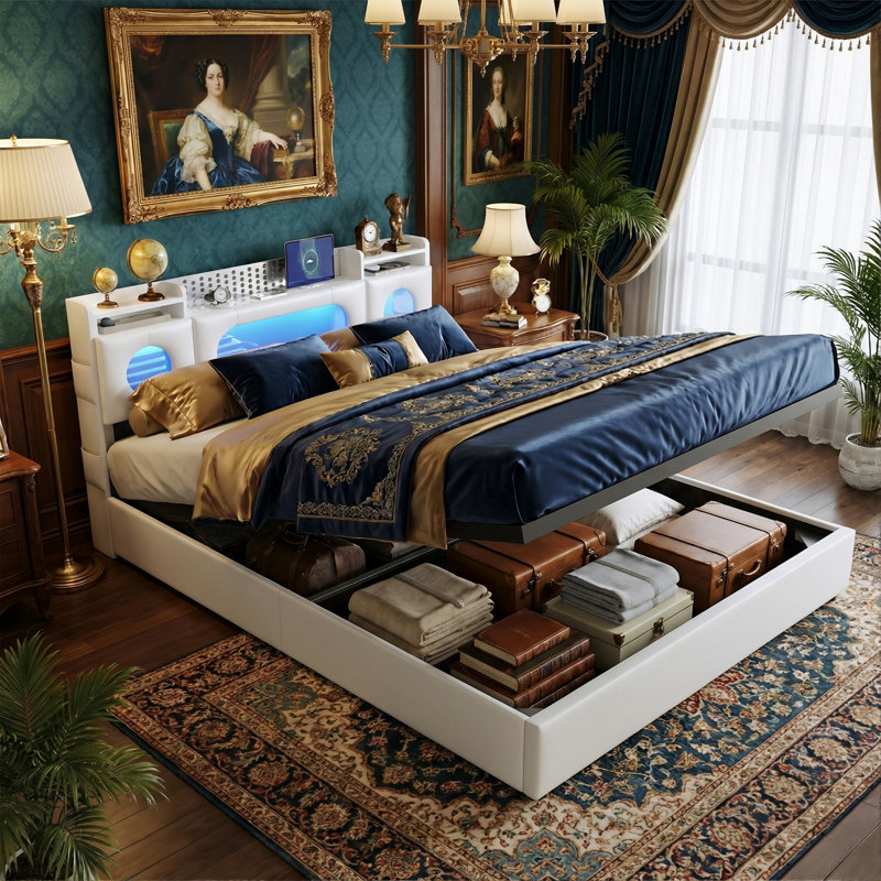 PU Leather Ottoman Bed, RGB LED Storage Headboard & USB-C Charging, European Double (140X200cm) & King (160X200cm) , White
