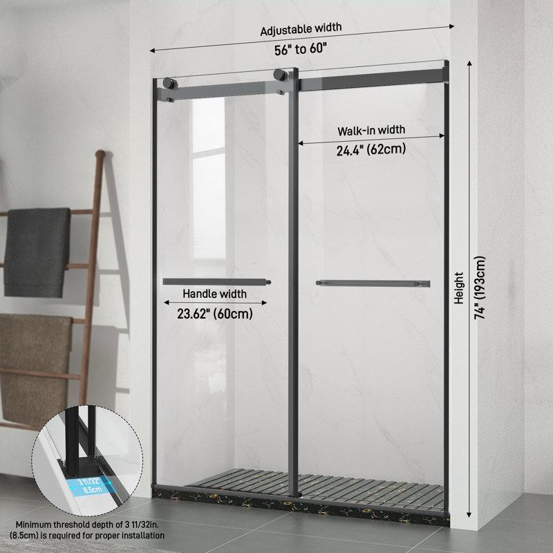60" W x 74" H Frameless Double Sliding Walk-in Shower Door, Matte Black