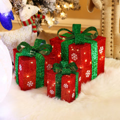Wholesale Christmas 3pc Ribbon Bow Set W/ Glitter- 4.3H GOLD RED