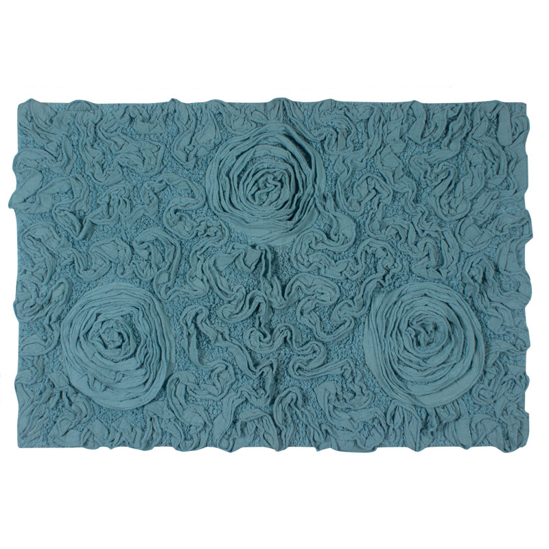 Schoenberger Floral Design Cotton Bath Rug, Blue, 34" L x 21" W