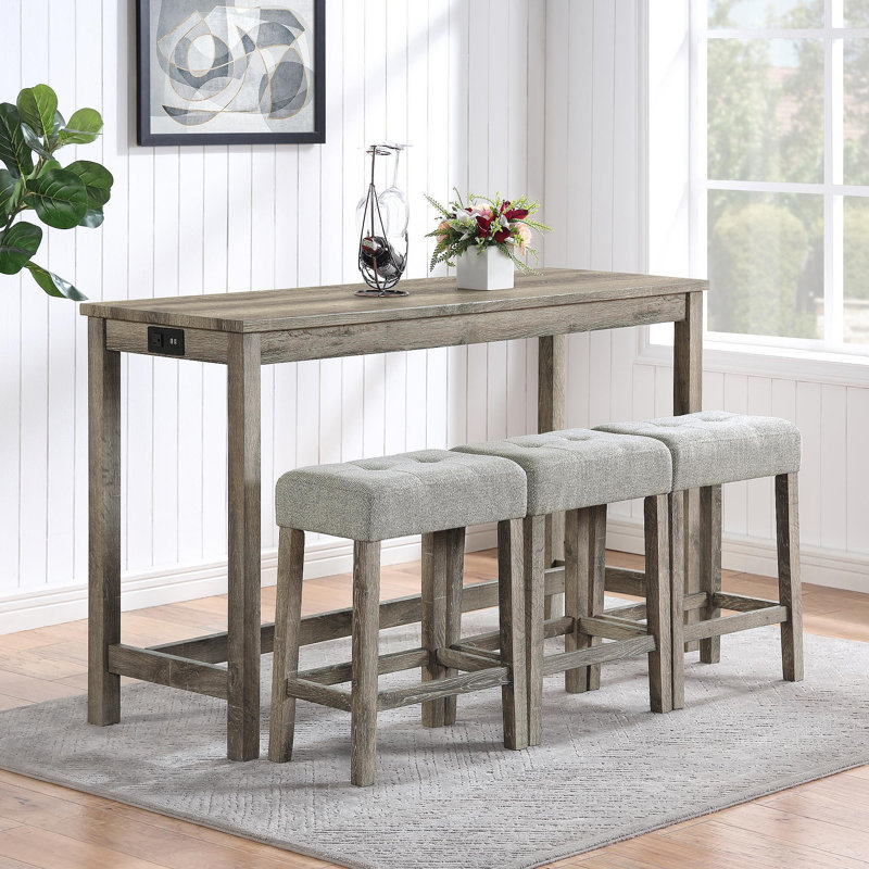 Ensemble de table de bar avec prise de courant, ensemble de table de bar et de chaises, ensemble de table de salle à manger 4 pièces, ensemble de table de petit déjeuner industriel, pour salon, salle à manger, salle de jeux,