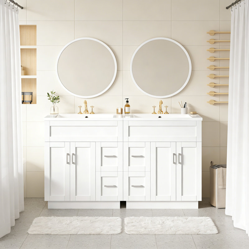 Meuble-lavabo de 60 po avec 4 portes d'armoire, 4 tiroirs, 2 tablettes réglables, deux lavabos en résine SMC, des tiroirs cachés à fermeture en douceur et des charnières à fermeture en douceur