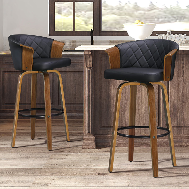 Lesli 30.51'' Swivel Tufted PU Leather Upholstered Bar Stool, Black/Brown