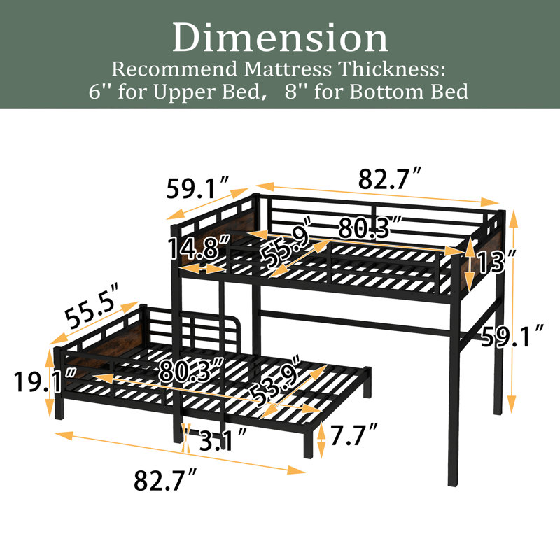 Metal Bunk Bed/Metal Loft Bed,Separable Bunk Beds,With Raised Security Fence, Full XL Over Full XL, Wood