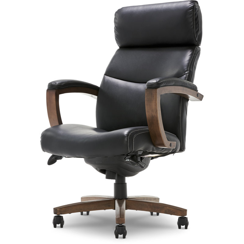 ErgoExecutive High-Back Swivel Chair with Wood Accents in Black Leather
