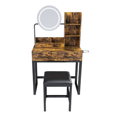 Led Makeup Vanity With Adjustable Brightness, 2 Drawers, Storage Shelves, And Power Sockets, Brown, Material Table Natural/Warm/Cool Switch, Outlet, Trays, American Style Look