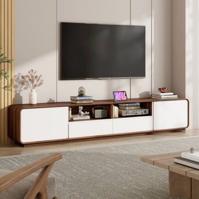 Meuble télé 95 po, meuble télé à bords arrondis avec 2 armoires de rangement et 2 tiroirs, console média pour téléviseurs de 50 à 110 po