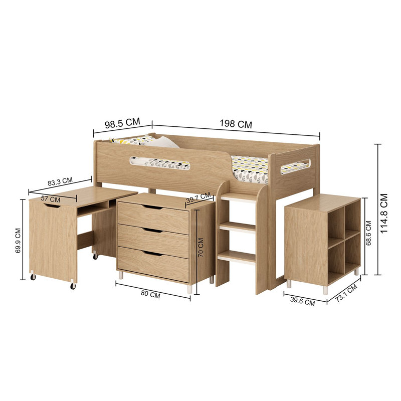 Mid Sleeper 04 with desk, drawers and bookcase in Oak Style