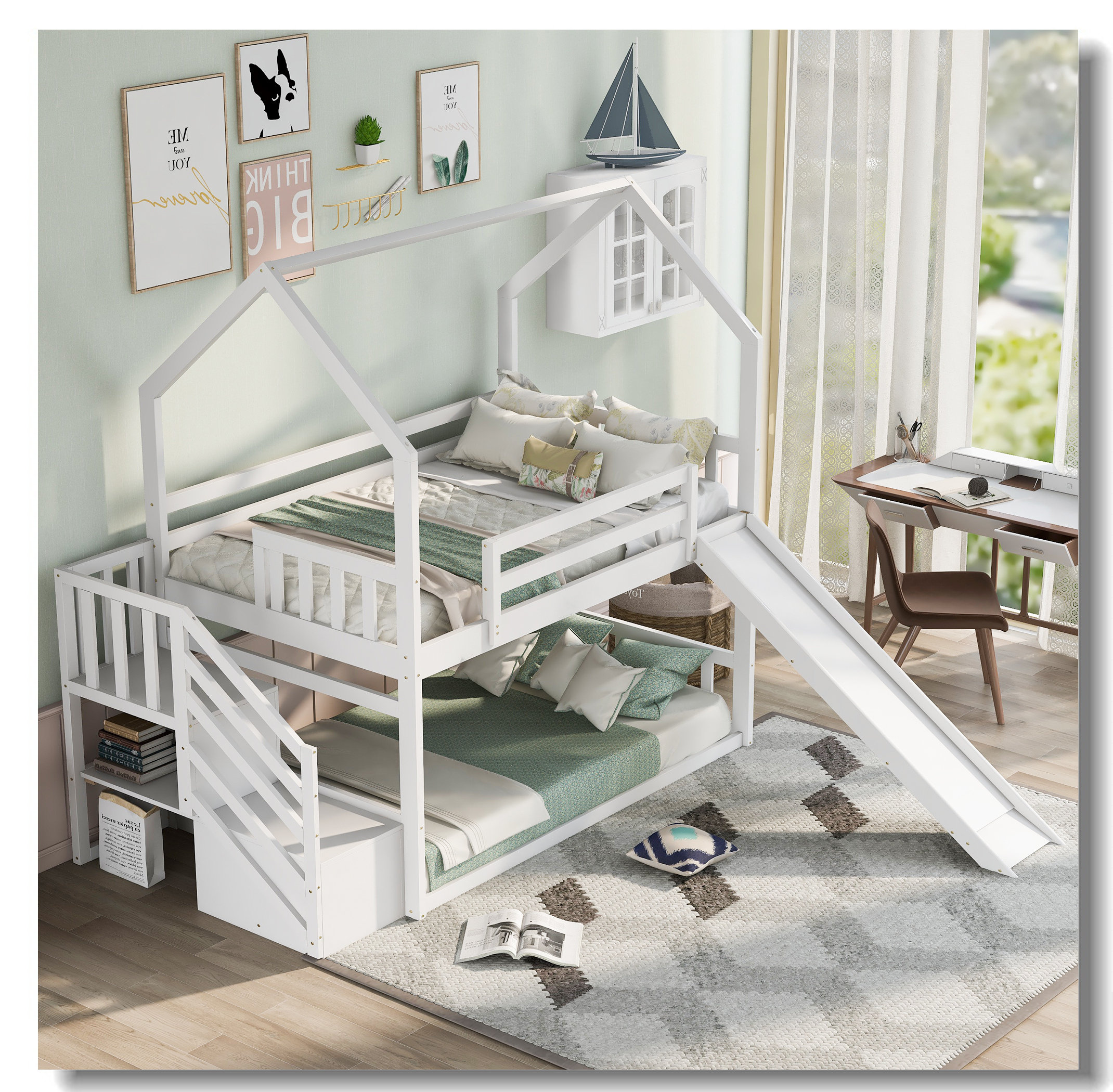 Harper Orchard Twin Over Twin House Bunk Bed With Convertible Slide ...