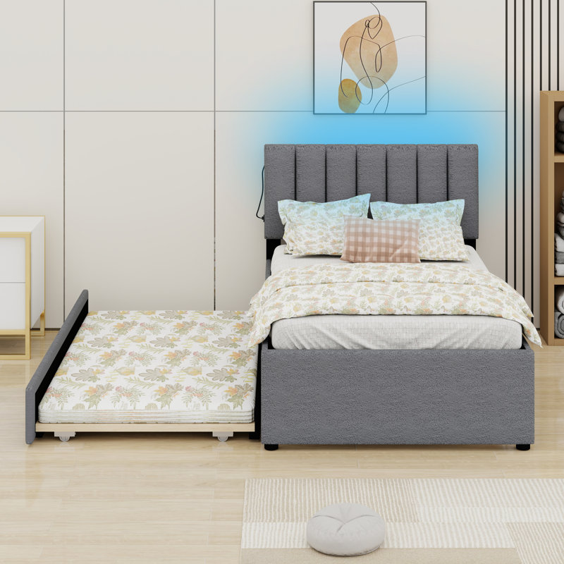 Lit en molleton contemporain avec lit gigogne escamotable , Gris