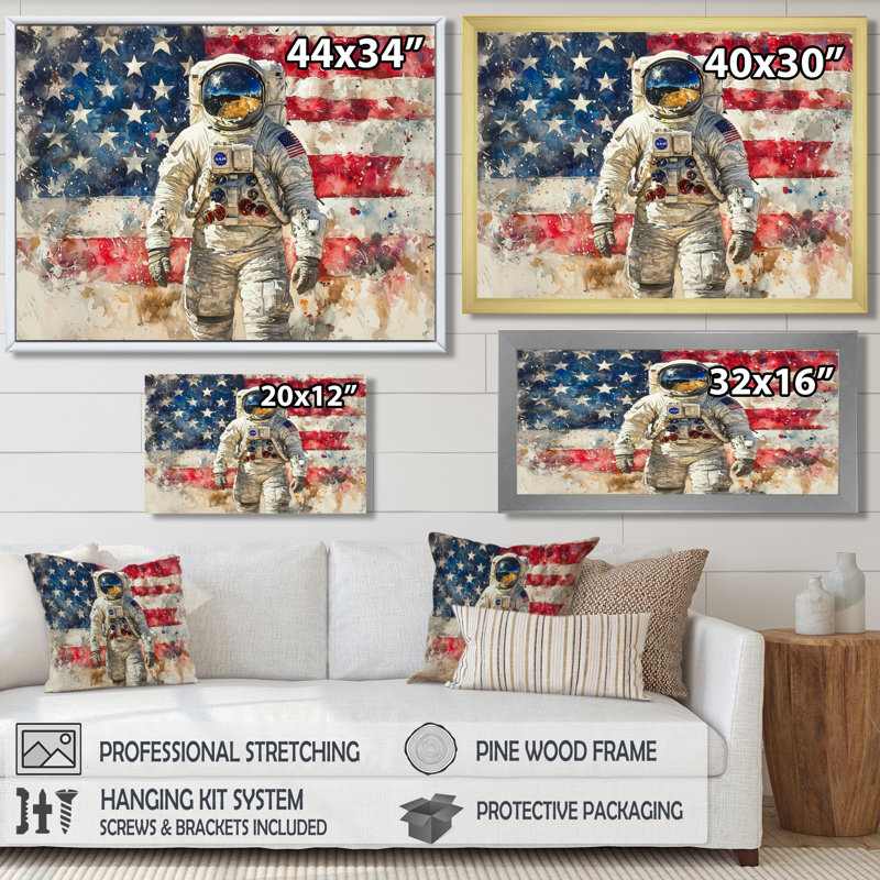 Premier astronault sur la lune avec le drapeau des États-Unis II - impressions encadrées des États-Unis, H 30 po x l 40 po