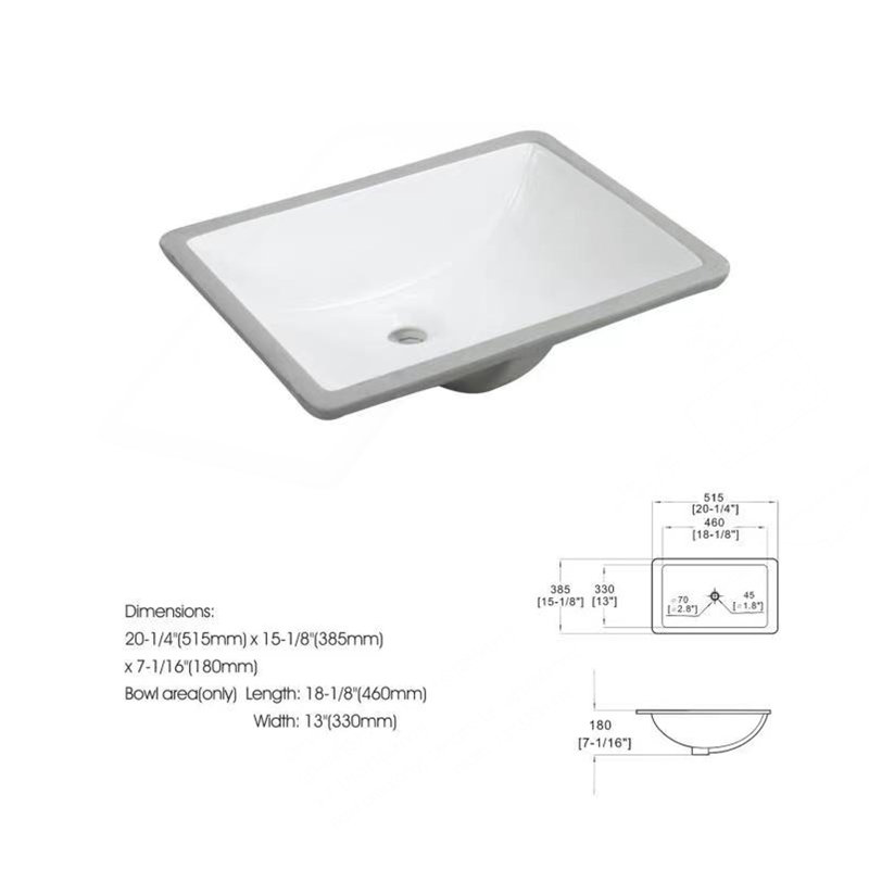 Lavabo de salle de bain rectangulaire blanc encastré avec trop-plein