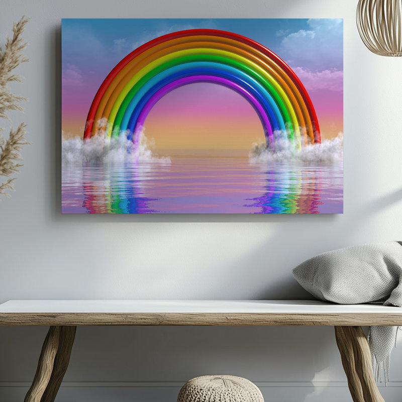 Toile, "Scène surréaliste vibrante" avec art mural arc-en-ciel multicolore arqué gracieusement sur fond de toile de fond