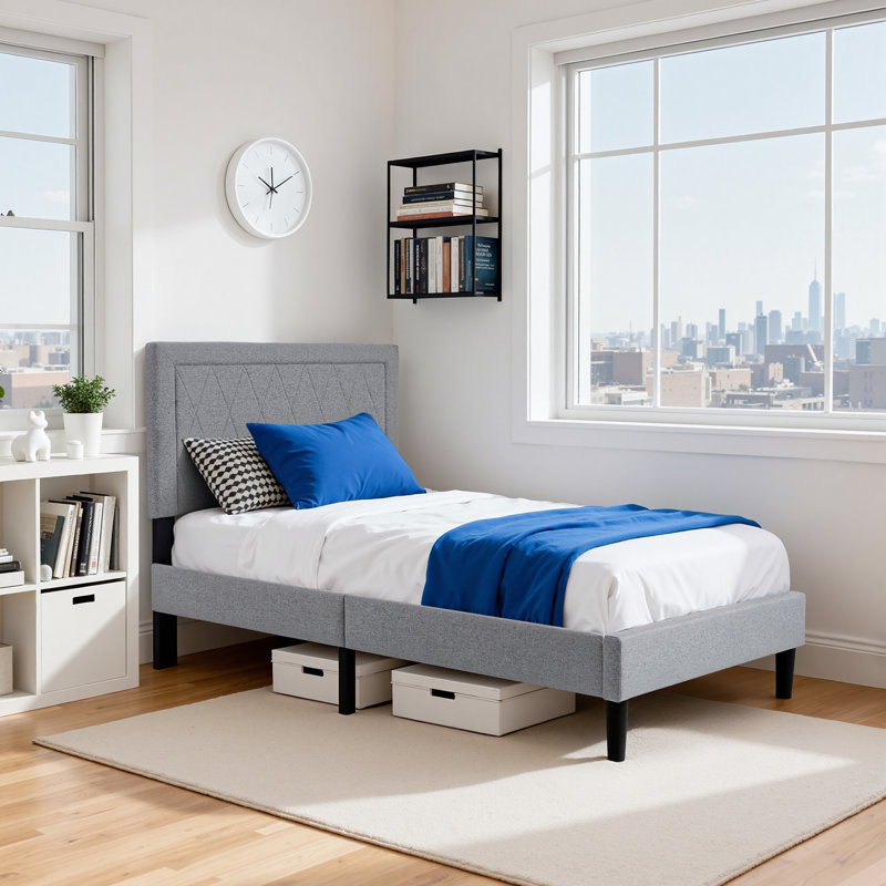 Solid Wood Upholstered Platform Bed Frame With Headboard, No Box Spring Needed And Easy Assembly, Gray, Twin